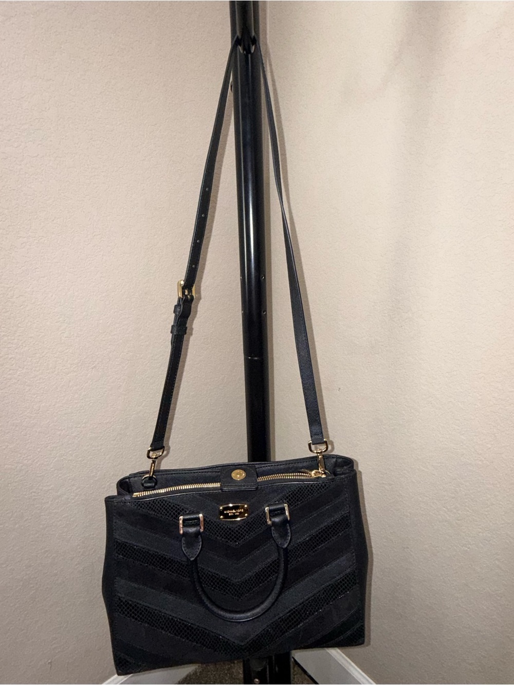 Michael Kors Black Saffiano and Suede Leather Chevron-Texture Satchel - Picture 9 of 11